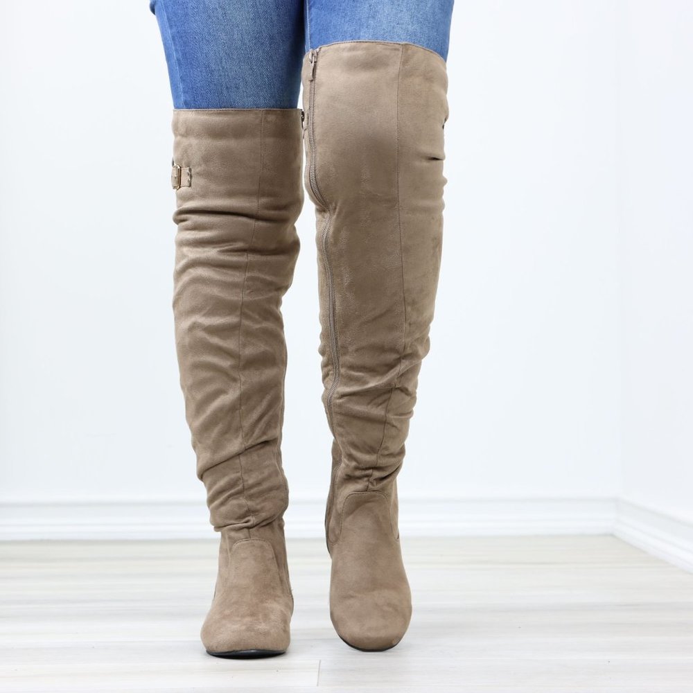 Taupe Thigh High Over The Knee Flat Boots Faux Suede Laced Back - Picture 11 of 15